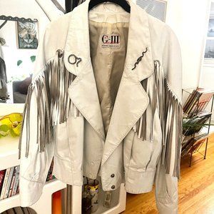 Vintage 80s G-3 G-III Leather Fashions White Fringe Jacket Size Small